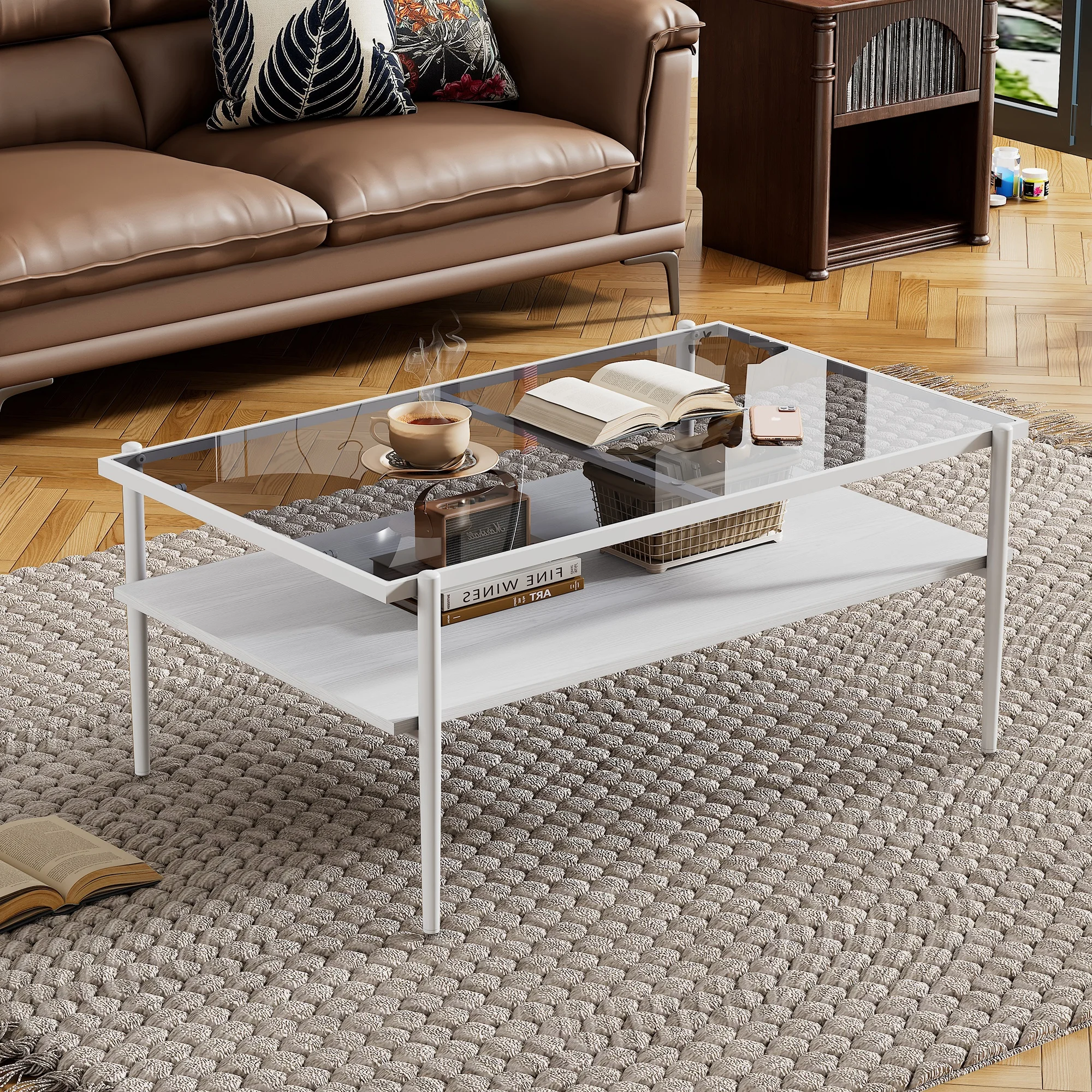 Table basse rectangulaire, plateau en verre trempé, plateau en MDF gris blanc, stable, salon, entretien facile