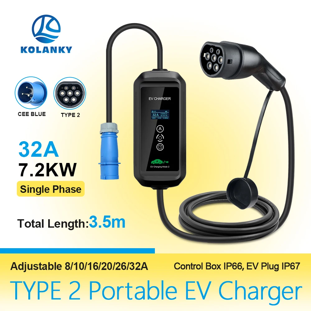 Kolanky caricatore portatile EV Wallbox Type2 cavo 32A 7KW con presa per caricabatterie EV gancio tipo2 per veicolo elettrico