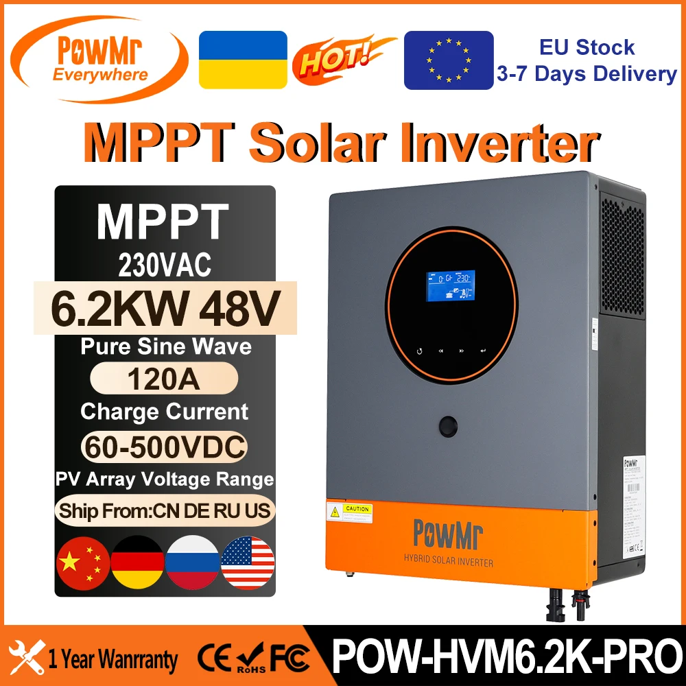 PowMr 6.2KW Plus Hybrid Solar Inverters 48V to 230VAC Pure Sine Wave 120A MPPT Charge Controller With Wifi PV Voltage 55~450VDC