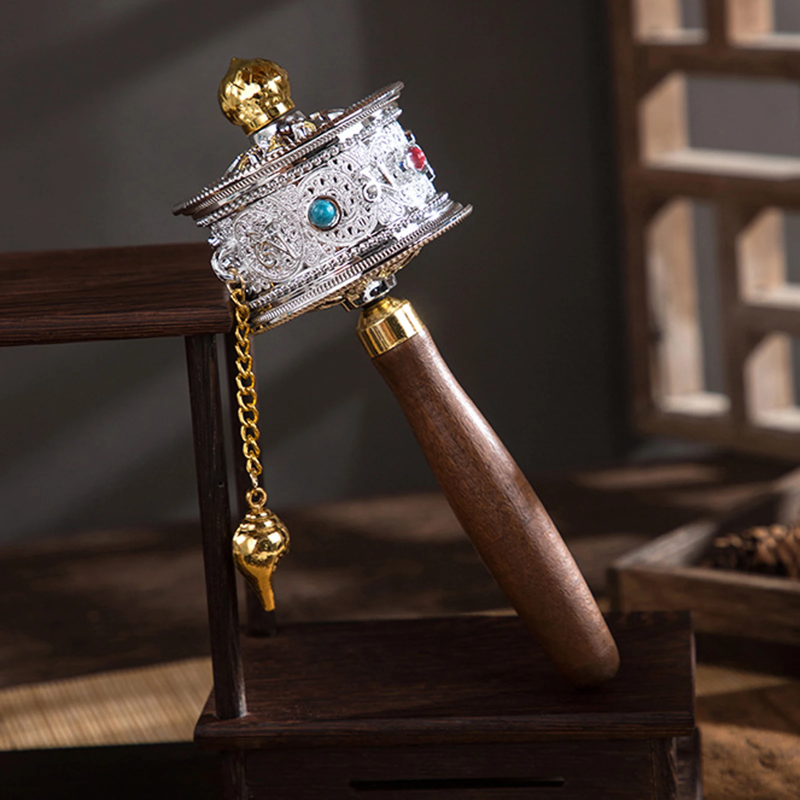 Wooden Handle Tibetan Prayer Wheel Handheld Buddhist Premium Buddha Scriptures Turn Praying Instrument for Meditation Room
