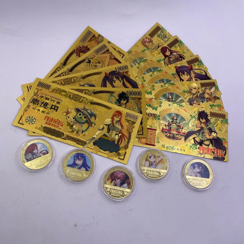 

Fairy Tail Япония Аниме Золотая фольга Банкнота Позолоченный Памятный набор монет Классический мультфильм Коллекционный подарок для фанатов