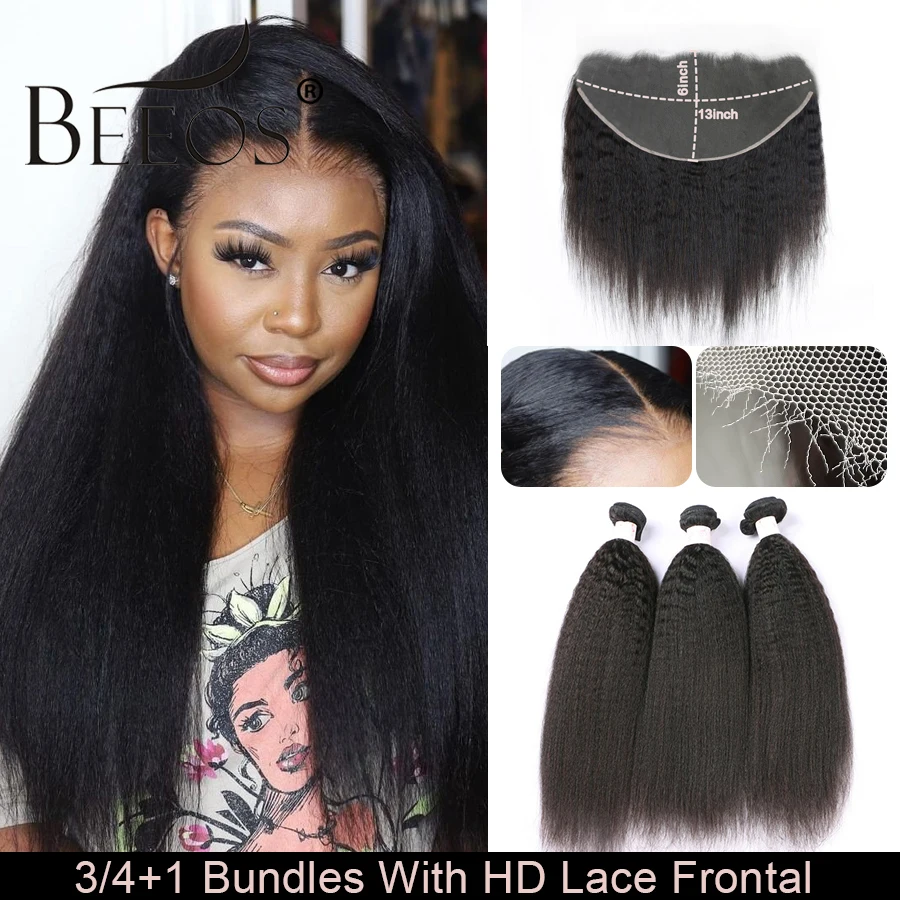 

Kinky Straight Bundles With Frontal 13x6 HD Lace Frontal Yaki Hair Weave Extension Bundles With Closure Brazilian Human Hair Wig