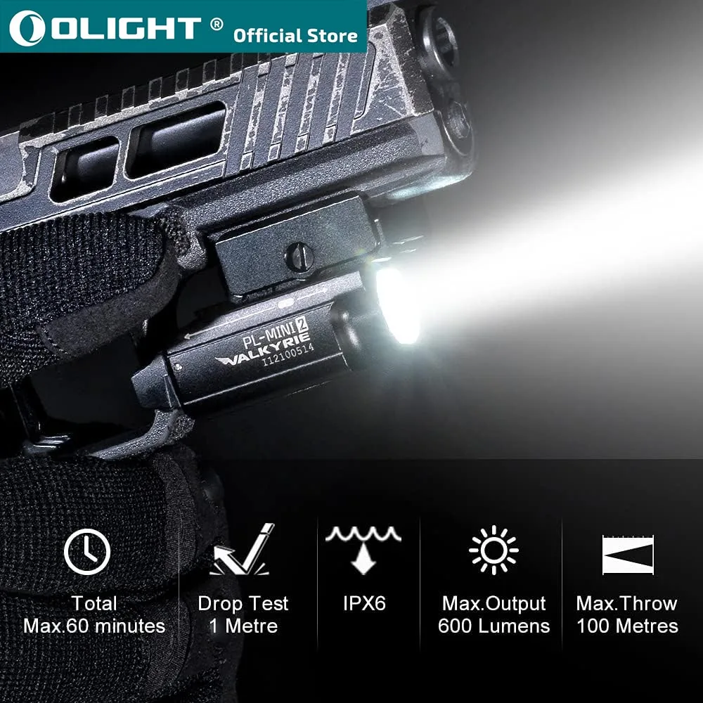 OLIGHT-Lampe d'Arme Magnétique PL-Mini 2 Valkyrie 600 Lm, Rechargeable par USB, avec Rail Réglable, Haute Performance CW LED