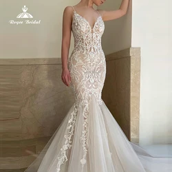 Exquisite Mermaid Wedding Dress For Women Sexy V-neck Spaghetti Straps Backless Button Lace Applique Bride Gown Tulle Sweep robe