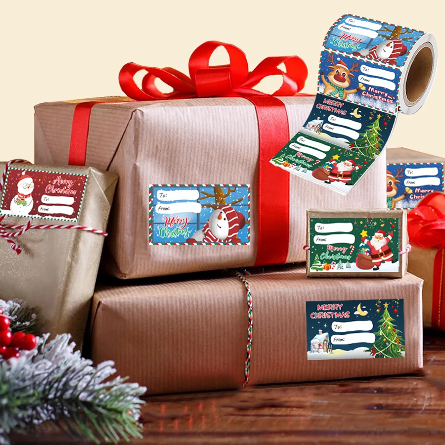 500 ชิ้นสติกเกอร์ป้ายของขวัญคริสต์มาสรูปม้วน, ป้ายชื่อแบบมีกาวในตัวสำหรับของขวัญ, กระเป๋า, กล่อง, กระดาษห่อของขวัญ
