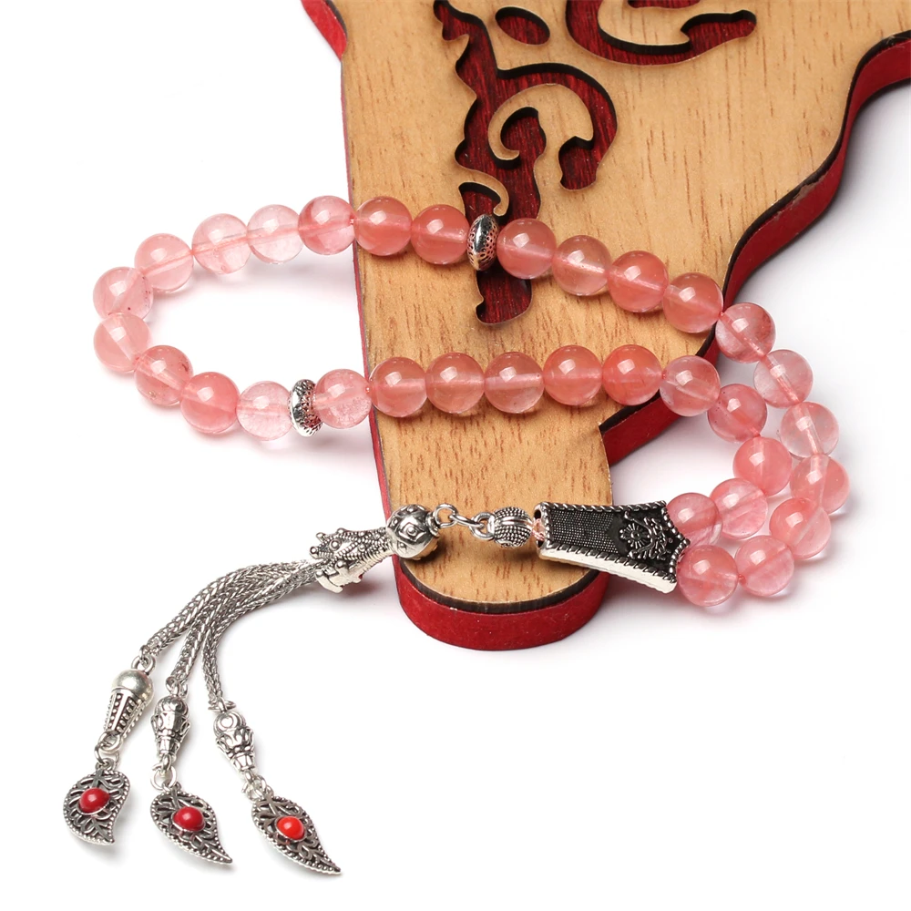 

Red misbaha 33 prayer beads muslim Bracelet Eid gift silver leaf tassel islamic rosary tasbih sibha tesbih tasbeeh mesbaha