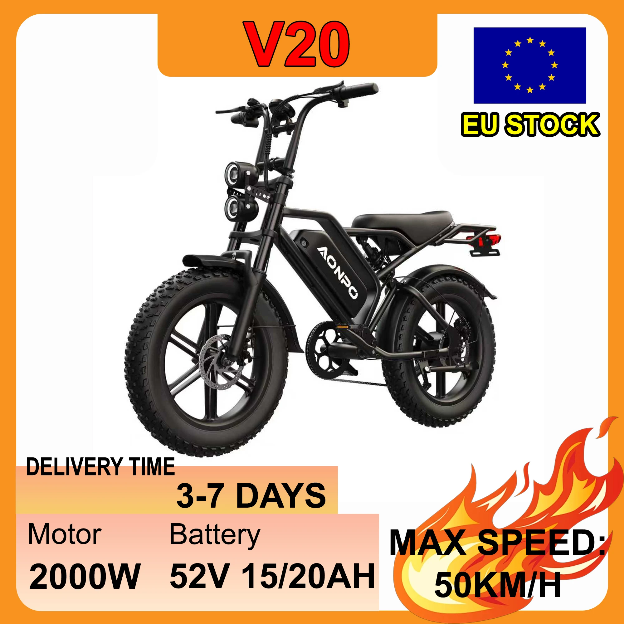 ZYLVRO V20 All-Terrain E-Bike für Erwachsene, 20"×4.0 breite Reifen, 2000W Motor, 52V 15Ah Akku, 50 km/h Höchstgeschwindigkeit, 7-Gang-Schaltung SL-TX30-7R für Pendeln & Abenteuer