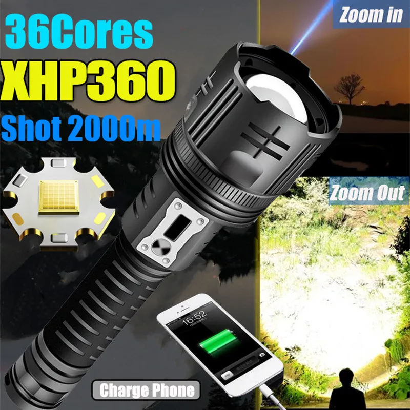 36Cores XHP360 Super Powerful Flashlight 26650 USB Rechargeable Flash Light Zoomable Tactical Torch LED flashlights Lantern