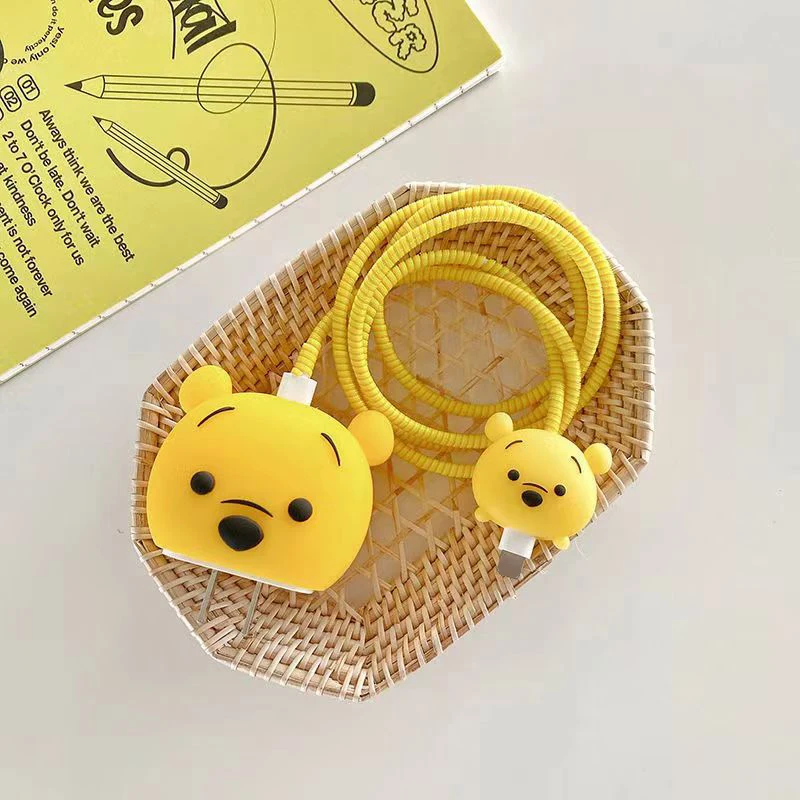 Disney Winnie the Pooh Cartoon Cable Protectors Set - Fast Charging PVC Cable Head Cover & Accessory Sleeve for IPhone 18W/20W,