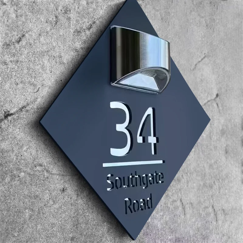 Personalized Solar Modern House Sign With LED Light, Solar Door Number Plaque, Door Sign With Solar Ligh, Laser Cut House Plaque