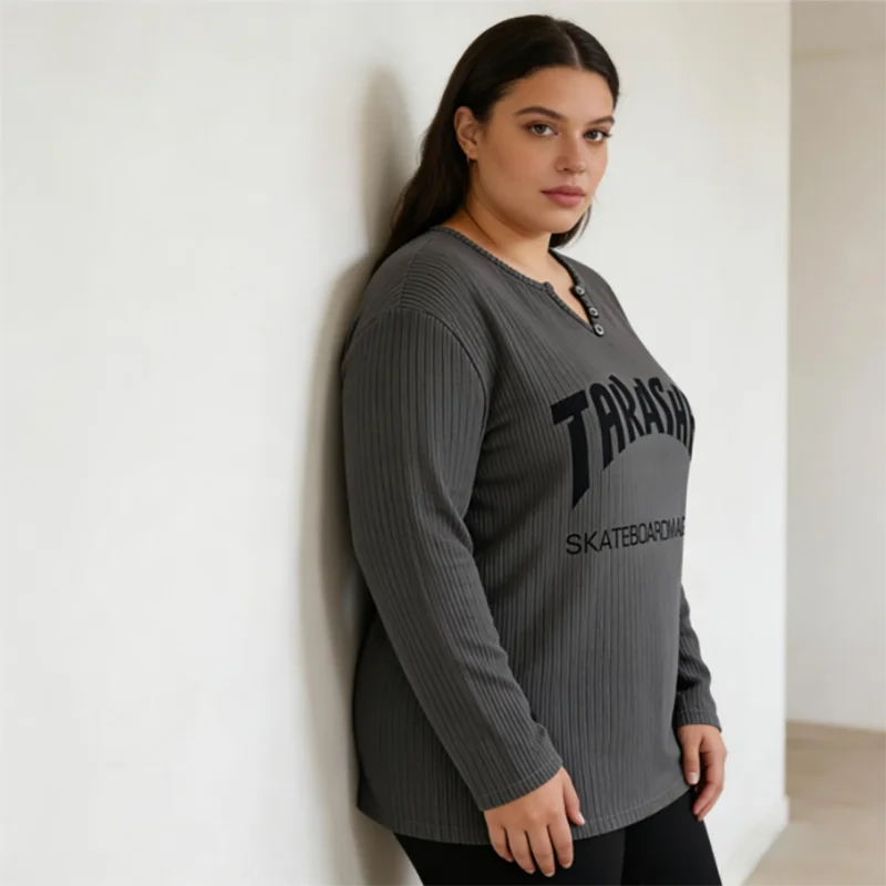 تي شيرت كبير الحجم مطبوع عليه لوح التزلج بأكمام طويلة على الطراز الكوري سترة فضفاضة 50-150 كجم ملابس خروج غير رسمية للسيدات #5