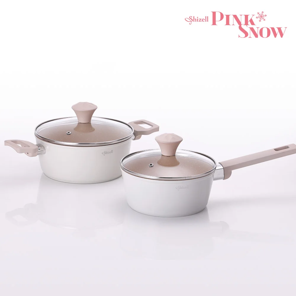 Shizell Pink Snow IH Pot 2-Piece Set (18cm Saucepan / 20cm Stockpot) - Ramen, Small Pot, Induction, Soup Cooking, Beautiful Cookware