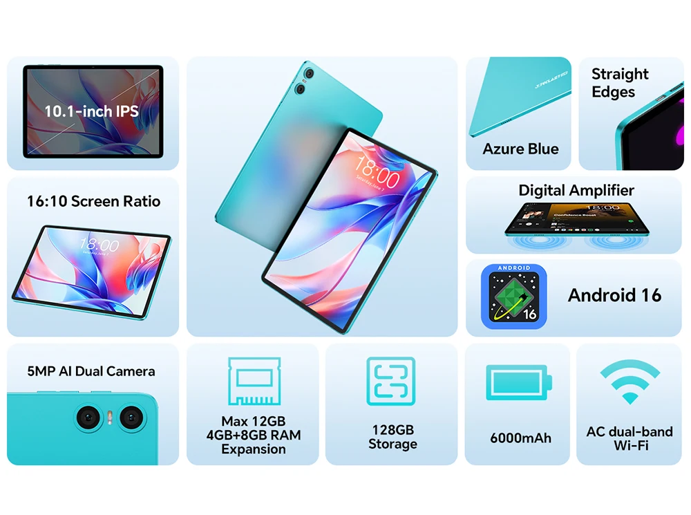 Teclast P30 Tablet 10.1 inch Android 16 12GB RAM 128GB ROM 1280x800 Unisoc T7200 Octa Core 6000mAh 5G&2.4G Wi-Fi