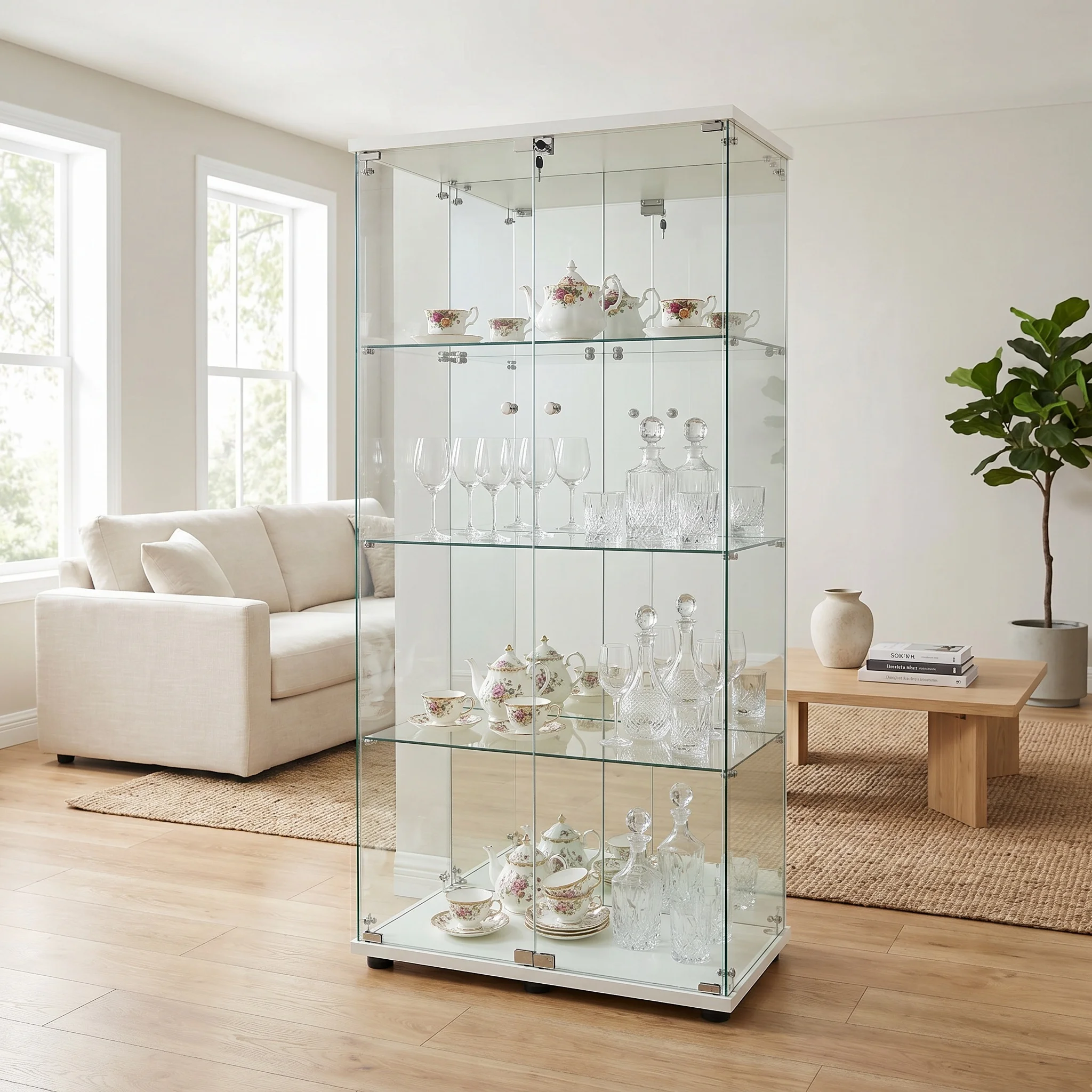 Vitrina Moderna Superaly, Vitrina de Vidrio con Iluminación, 4 Estantes y 2 Puertas, Armario de Almacenamiento, para Dormitorio, Oficina, Blanco