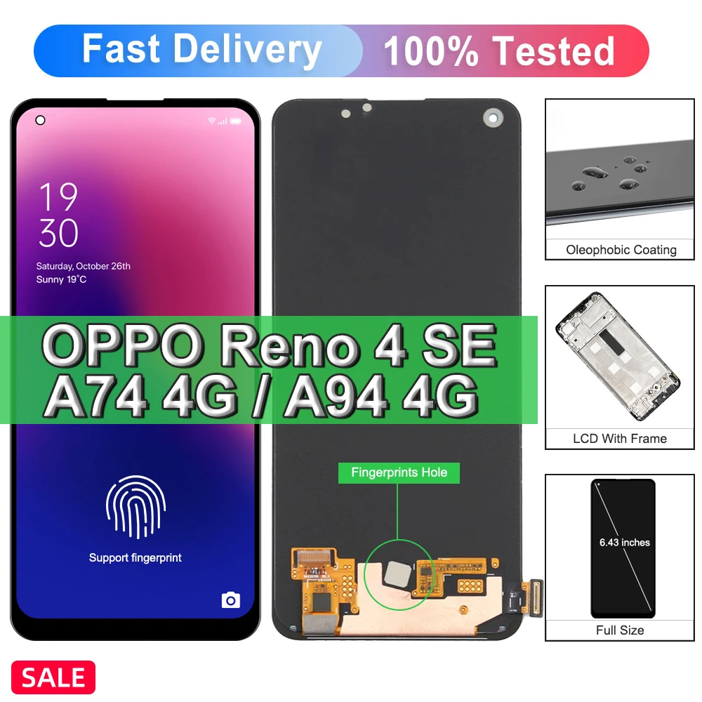 

6,43 "Новый экран для OPPO A94 4G CPH2203, ЖК-дисплей, сенсорный экран, сменный дигитайзер для OPPO Reno4 SE 5G, дисплей A74 4G LCD