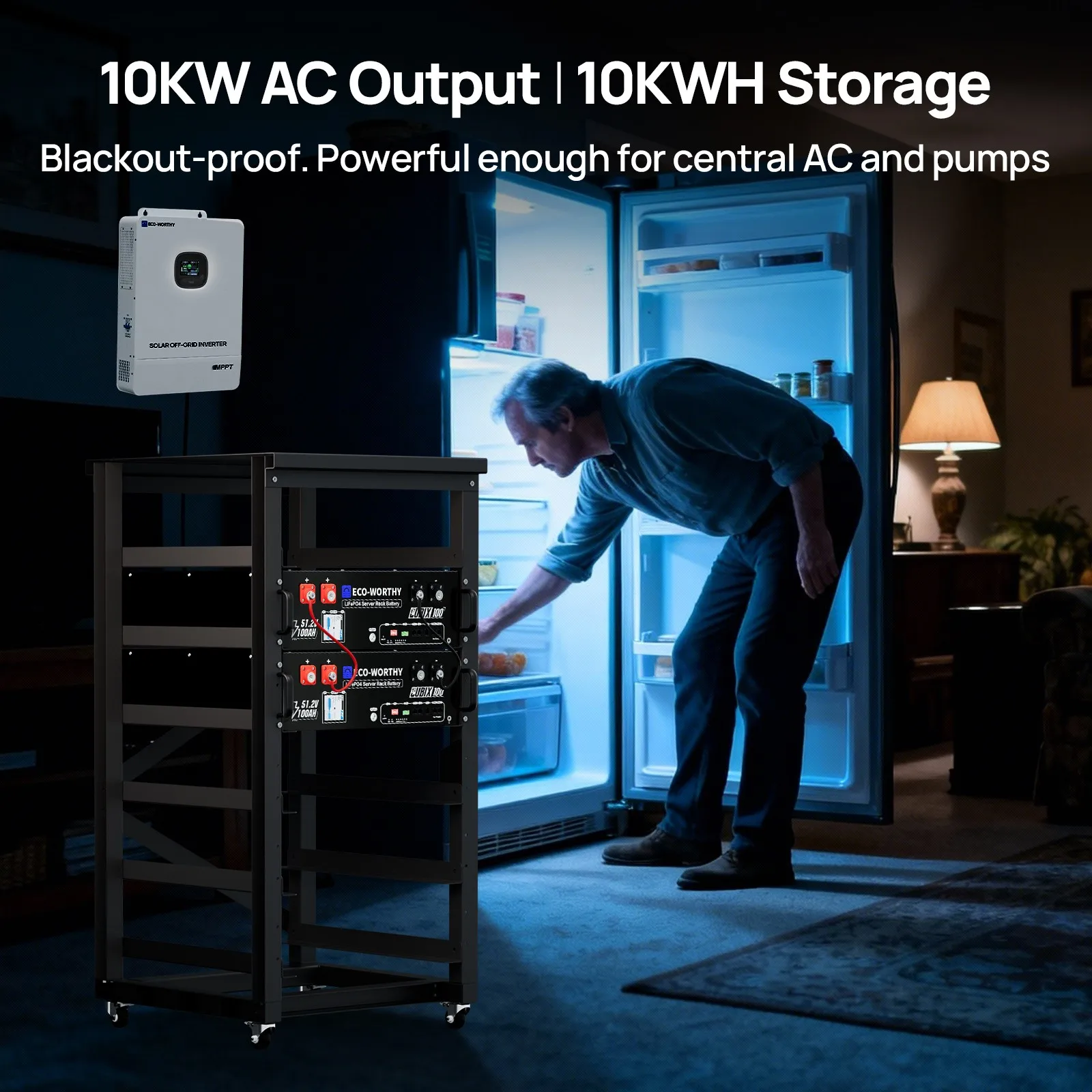 ECO-WORTHY Home Backup Power 2PCS 10.24kwh 48V 100AhLiFePO4 Lithium Battery +10KW 48V Off-grid Inverter for Solar Energy