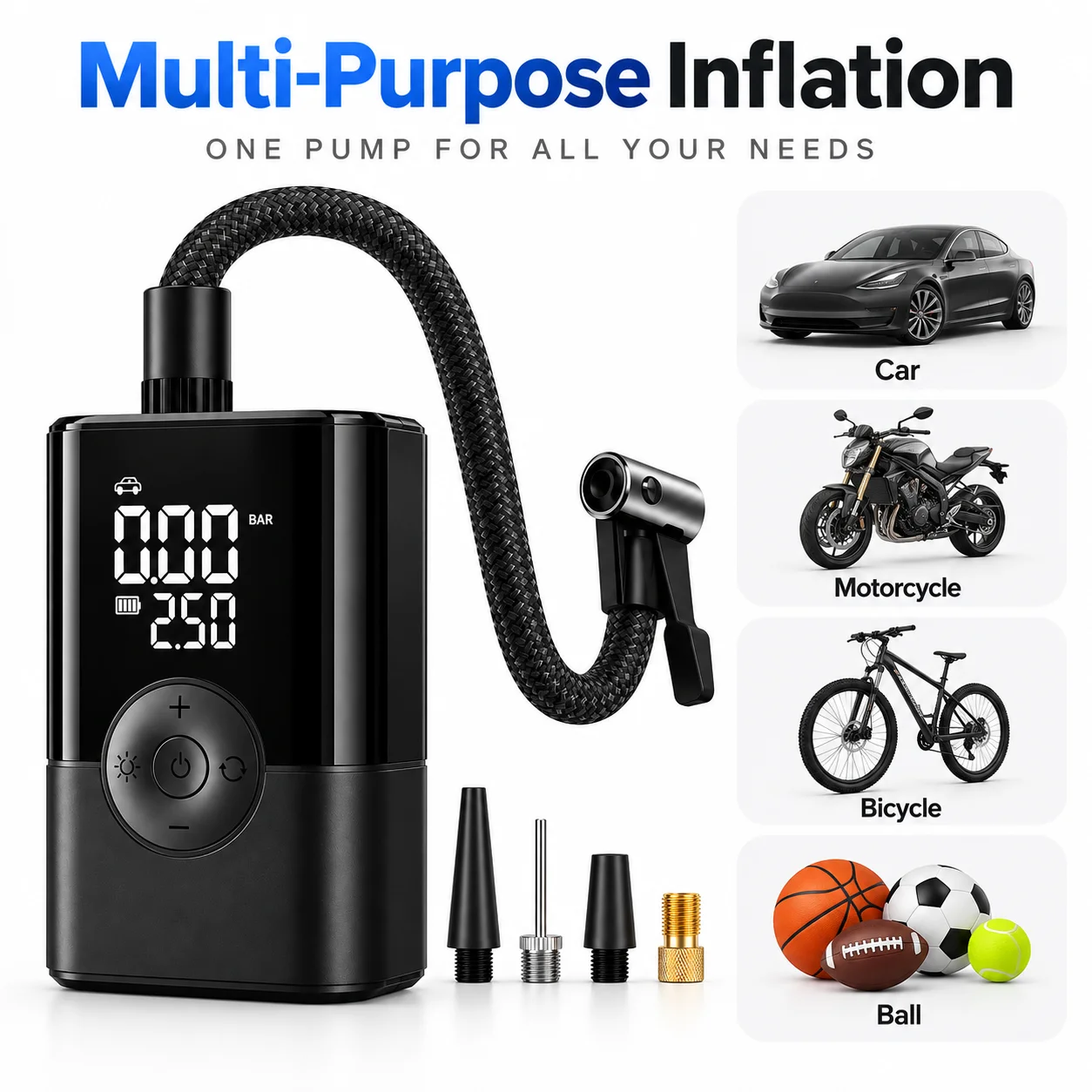 Portable Tire Inflator Air Compressor, Digital Tire Pump with Pressure Gauge, Fast Inflation Electric Air Pump for Car Tires, Motorcycles, Bicycles & Sports Balls, Auto Shut Off, LED Light, 4 Nozzle Adapters, Compact Emergency Tool