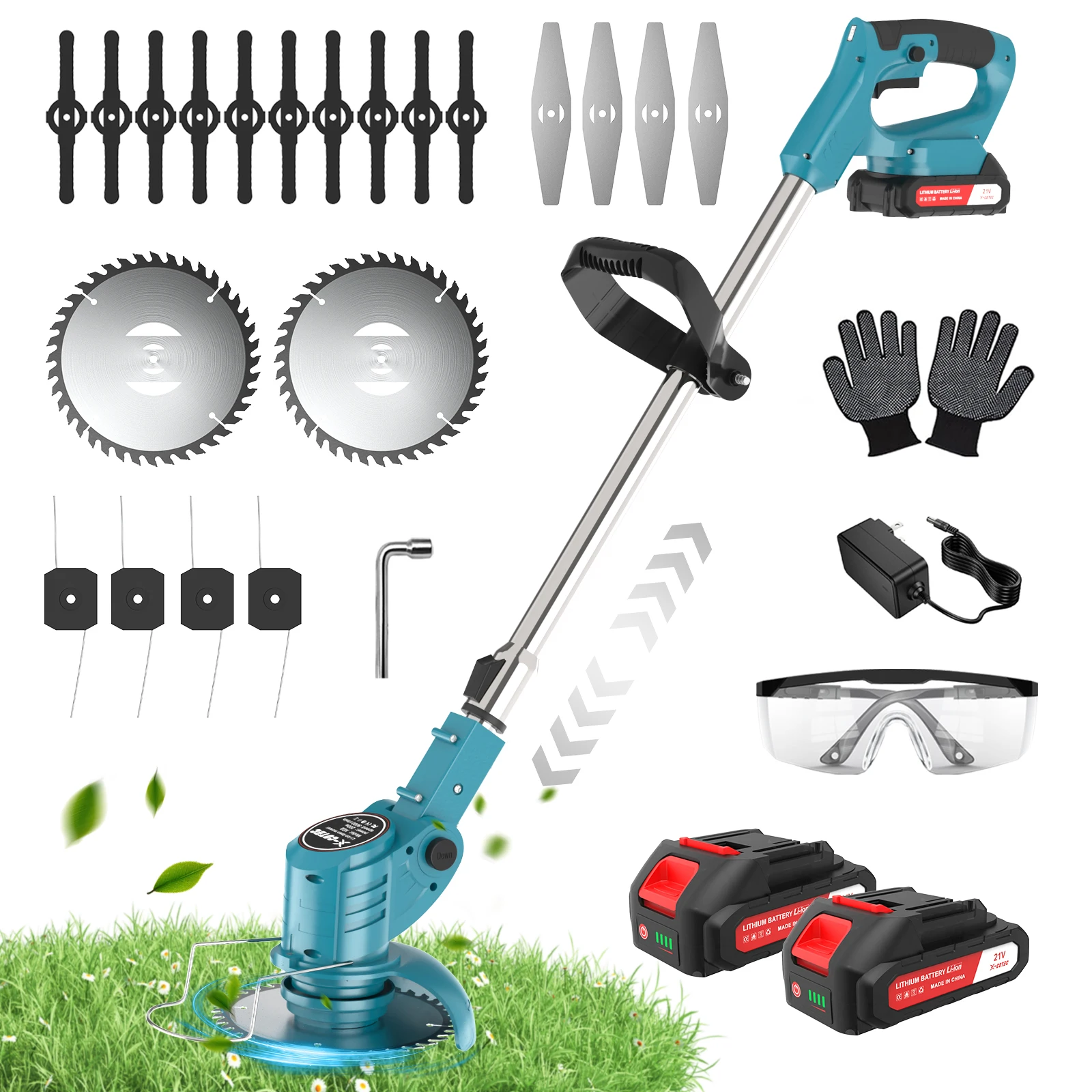 XG8 Tondeuse sans fil 21 V, tondeuse à gazon légère télescopique 9000rpm, tondeuse de jardin électrique, avec 20 lames 1500 mAh x 2 chauve-souris