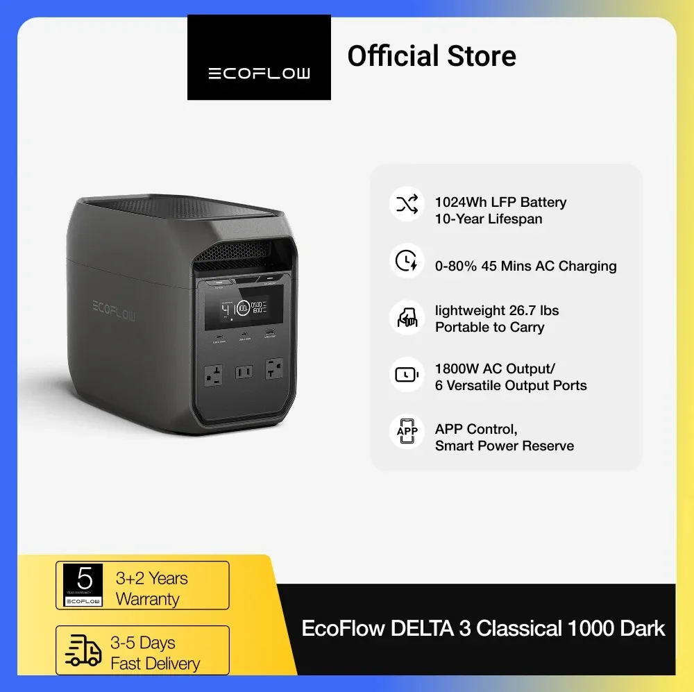 BRAND NEW  ECOFLOW Solar Generator DELTA 3 Classical Dark 1000, 1024Wh LiFePO4 Battery Portable Power Station, 1800W AC/100W USB-