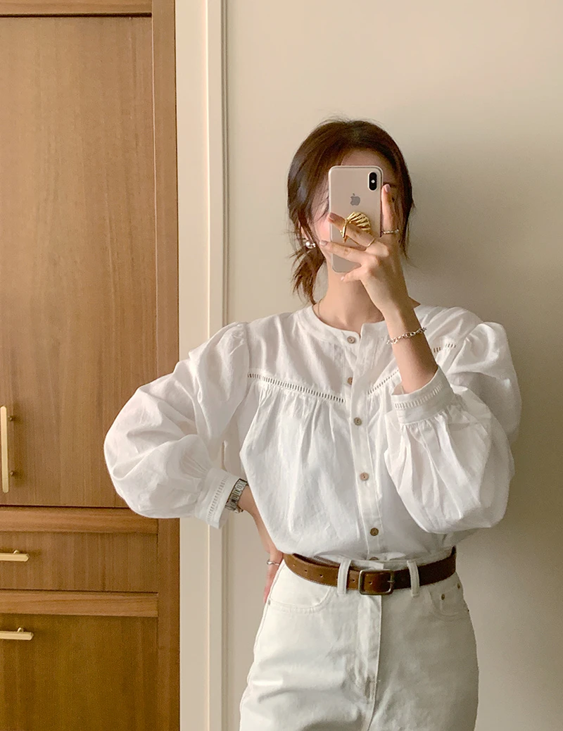 Korean Style Spring New Women Blouses Punching Puff Ssleeve Ring White Long-sleeved Shirt