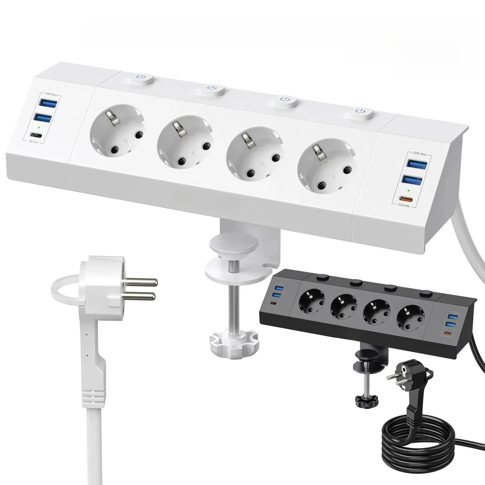 Eu Multi-plug stekkerdoos met desktop klemapparaat trekringstekker 4 USB-A en 2 USB-C-poorten enkele bedieningsschakelaar 2 m kabel - afbeelding 2