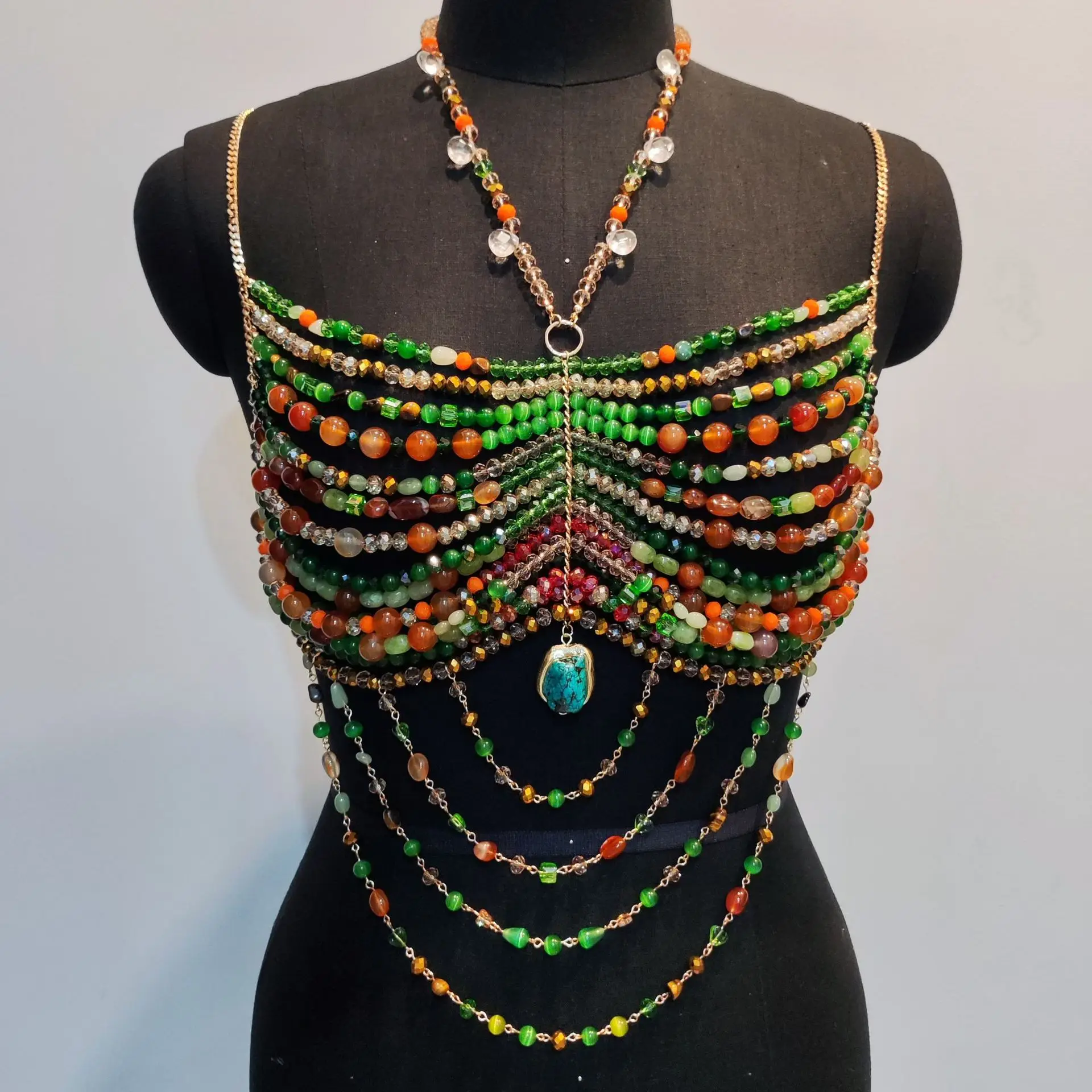 

European and American handmade heavy industry crystal jade bead chest chain vacation sexy hollow neck hanging body chain