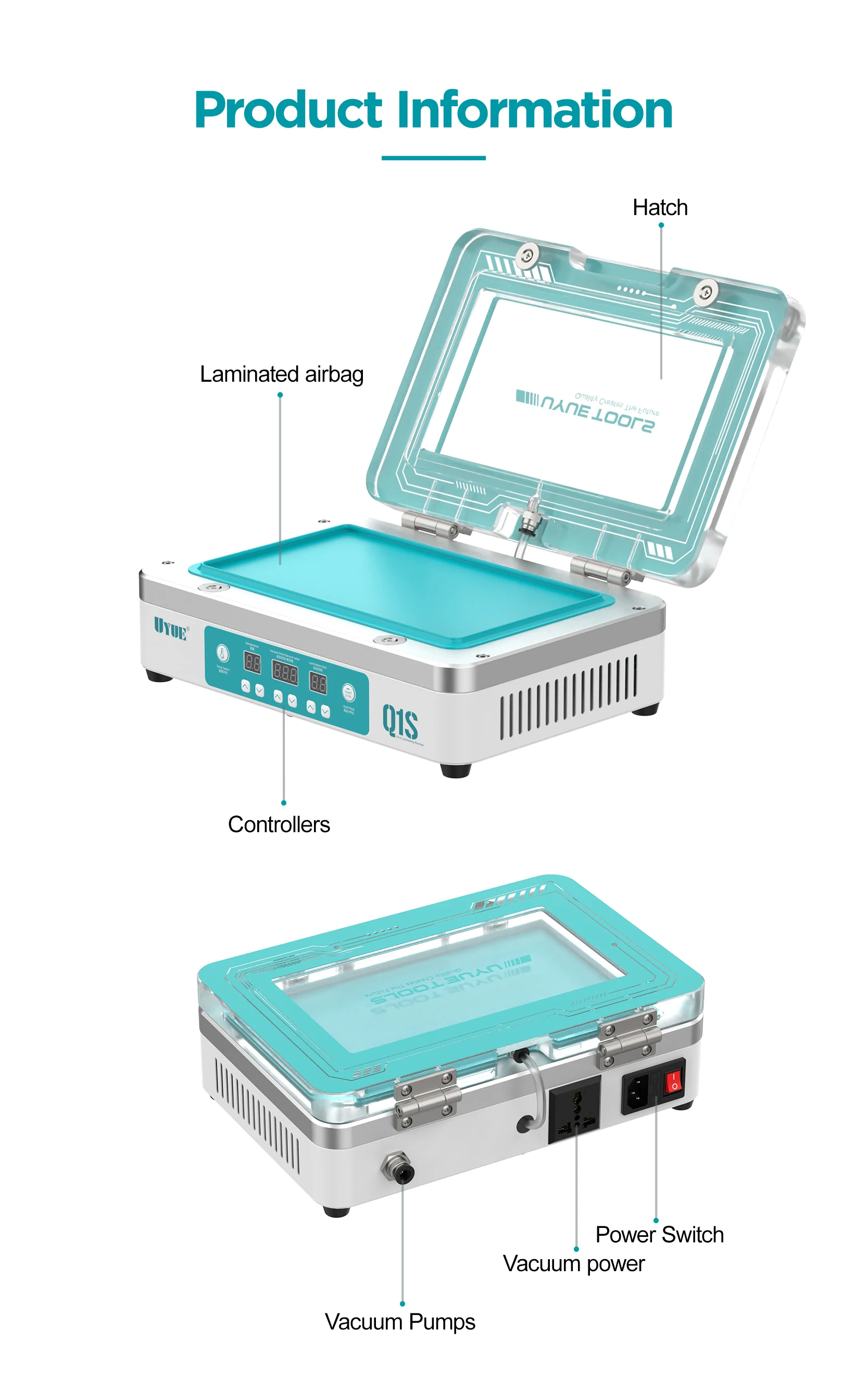 UYUE Q1S máquina de laminación de pantalla LCD curvada/plana de 9 pulgadas compresor de aire incorporado para reparación de reemplazo de pantalla de teléfono