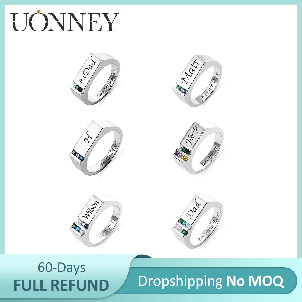 

UONNEY Dropshipping Customized Birthstone 925 Sterling Silver Rings for Men Personalized Name Ring Jewelry Fathers Day Gift 2022