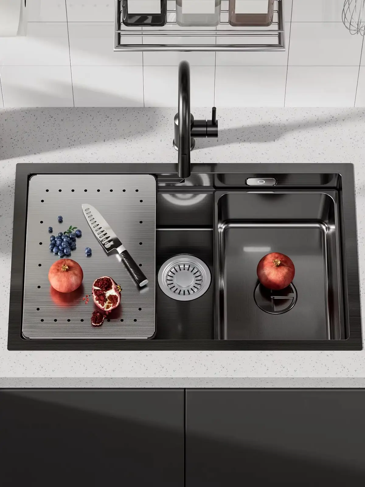 70 x 44 cm Küchenspüle Schwarz Nano Edelstahl Unterbauspüle Workstation Handgefertigt Einbauspüle mit Doppelstufe Abtropfbrett Resteschale für Moderne Küche Wohnmobil und Waschraum Platzsparende Spüle