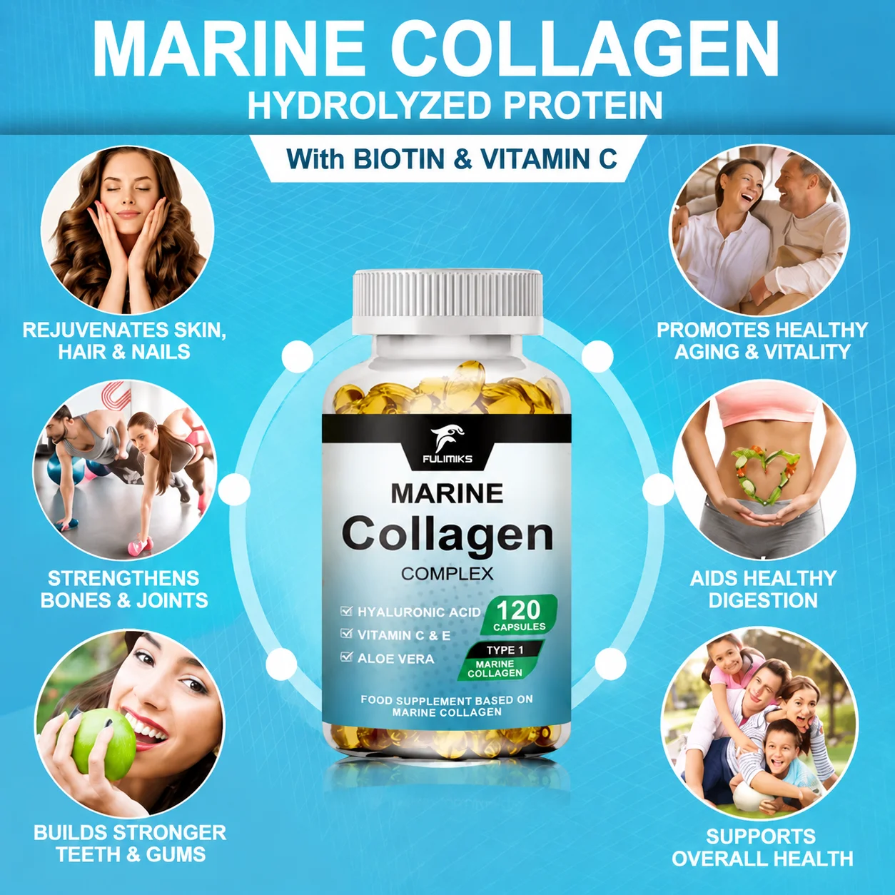 Marine Collagen Complex Capsules, Hydrolyzed Peptides for Skin Elasticity, Hair, Nails, Joint & & Bones Health, Glowing Beauty