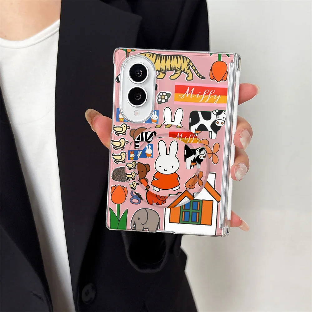 Miffy Cartoon Rabbit Farm Animal Sticker Magnetic Foldable PC Case For Samsung Z Fold8 Ultra Z Flip8 Shockproof Hinge Full Prote