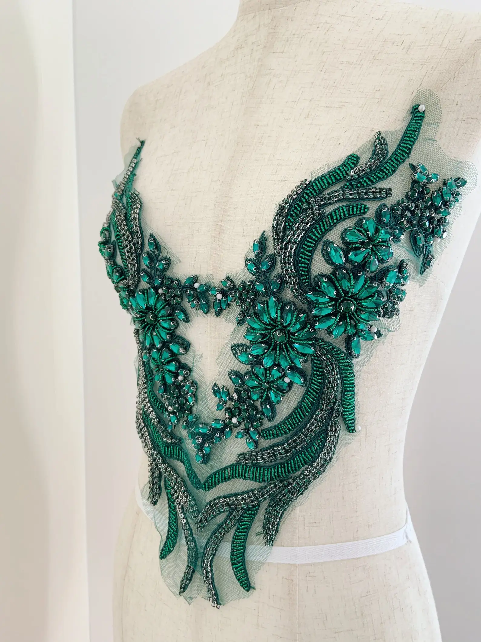 

Emerald Green Rhinestone Applique for Dress Couture Dance Costume Handcrafted Rhinestone Applique