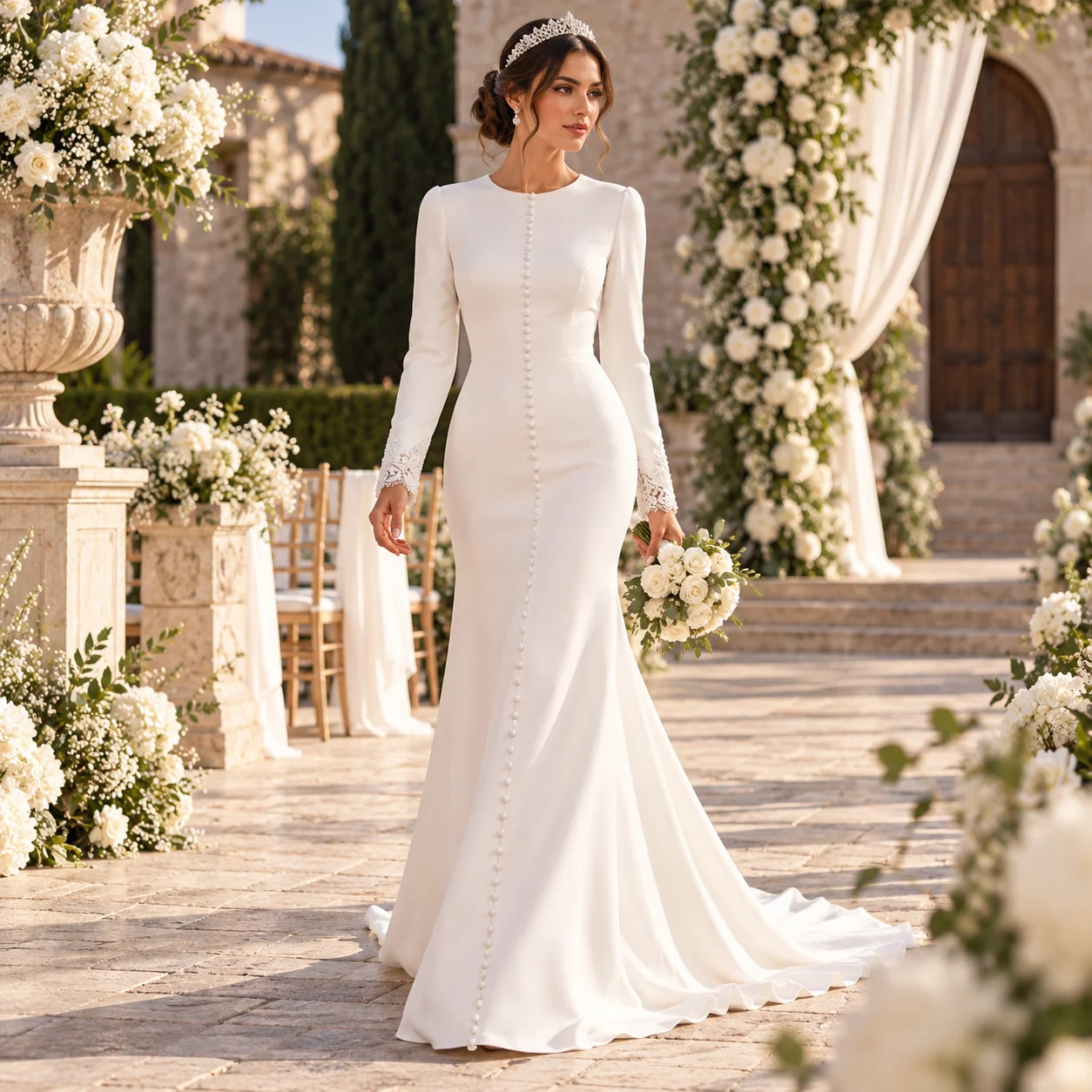 Galarity Modest Mermaid Wedding Dress 2026 Long Sleeve O Neck Lace Button Elegant Bridal Gown Bride Wedding Dresses Customized