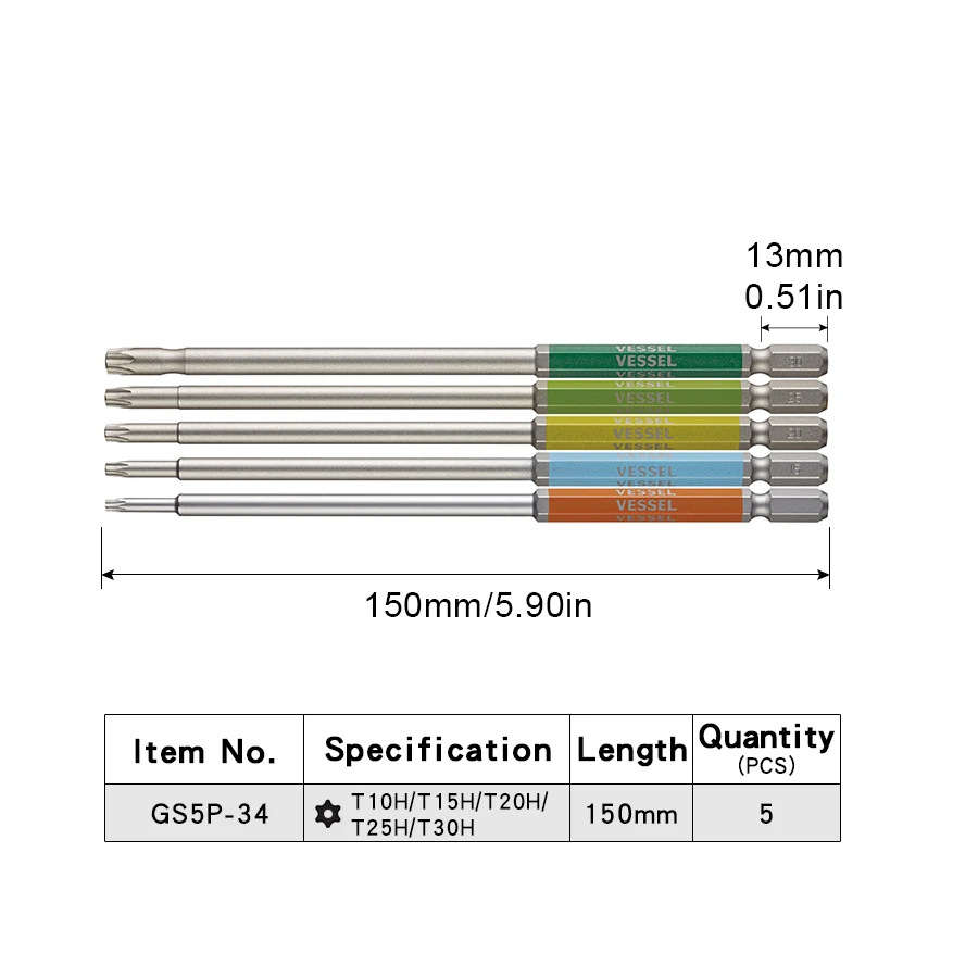 VESSEL GS5P Series Screwdriver Bit Set 5Pcs Single End TORX Bits Strong Magnetic Bits 62HRC Construction Screwdriver Bits