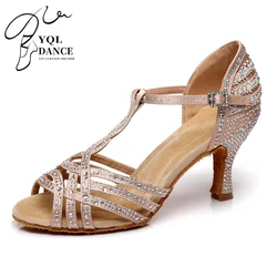 Woman T- Strap Latin Dance Shoes for Girls Nude White Rhinestone Kizomba Salsa Dancing Shoes Ladies Suede Leather Latino Shoes