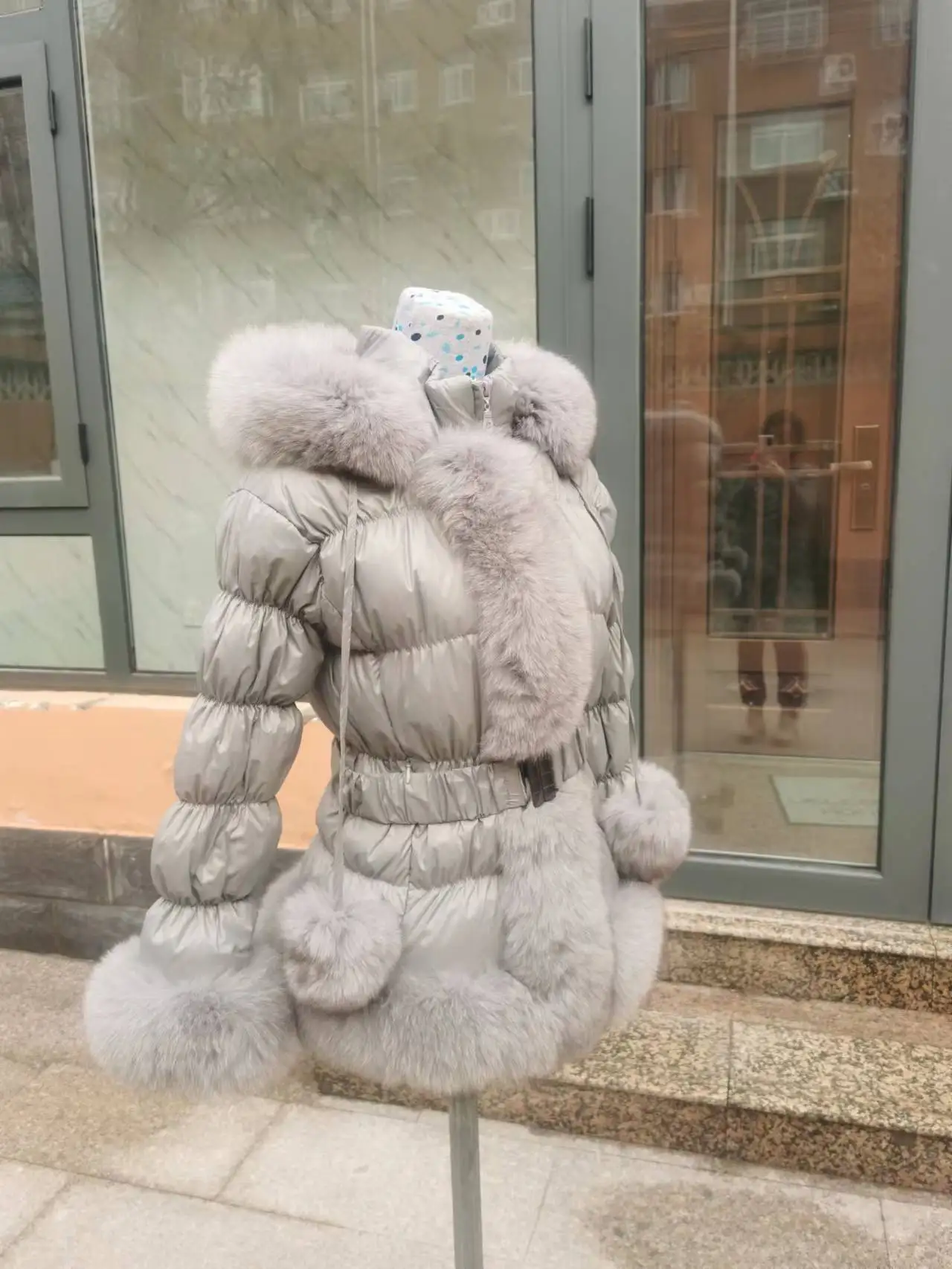 D18 Custom Free Shipping Woman And Children Size Puffer Jacket Down Coat With Fox Fur Trim With Fur Pompoms