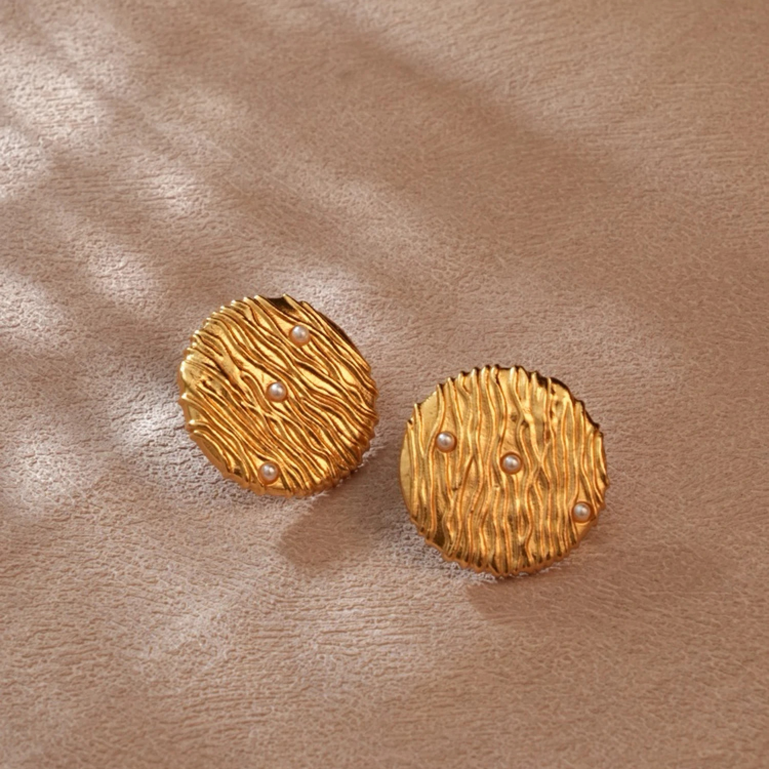 YAJUNIEL 24K Real Gold Plated Cookie Texture Natural Freshwater Pearl Stud Earrings for Women Hypoallergenic Jewelry Gifts