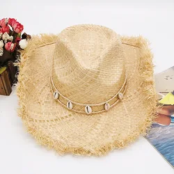 Fringed Wide Brim Straw Hat with Shell Band Panama Hat Cowboy Cowgirl Hat for Men Women Sun Hat Western Style Outdoor Beach Hat