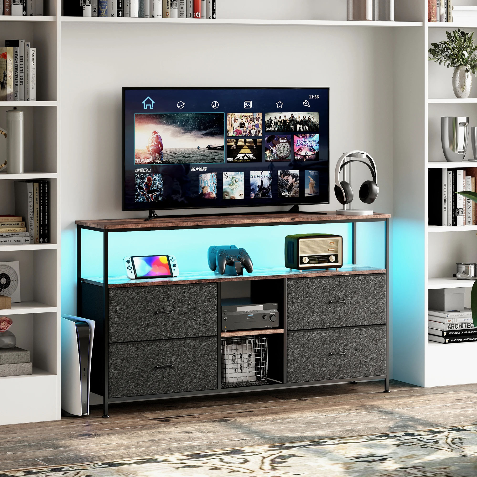 108 × 30 × 77cm TV-Schrank, Lagers chränke, niedriger Schrank mit 4 Schubladen und offenen Regalen,