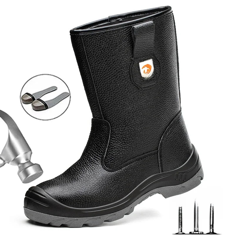 Waterdichte halfhoge laarzen Veiligheidsschoenen voor heren Werk leren laarzen Anti-smash Anti-lek Industriële schoenen Beschermende laarzen Koeienhuid - afbeelding 2