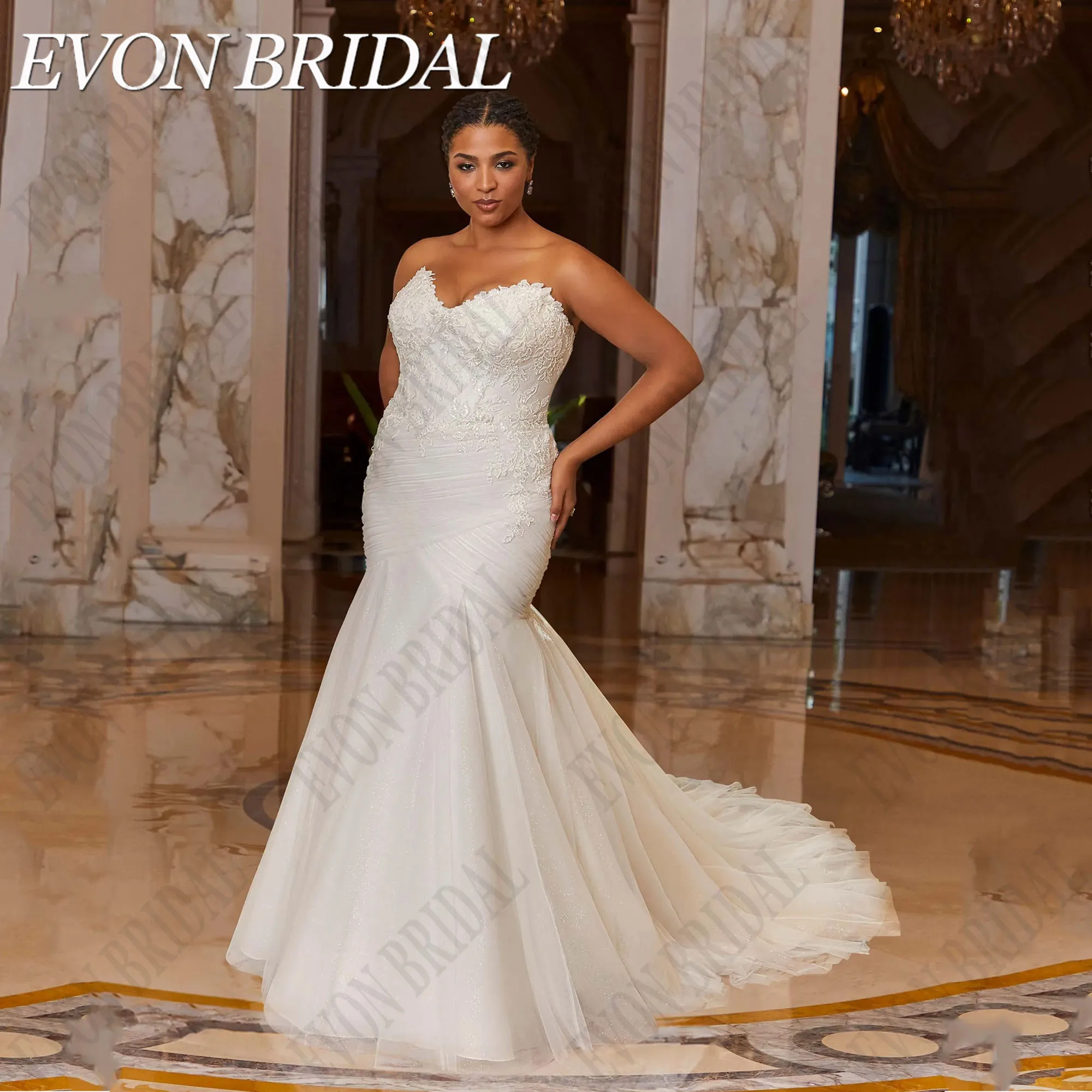 EVON BRIDAL Sparkly Mermaid Wedding Dress Plus Size Off Shoulder Sweetheart Applique Glitter Tulle Bride Gowns Robe De Mariée