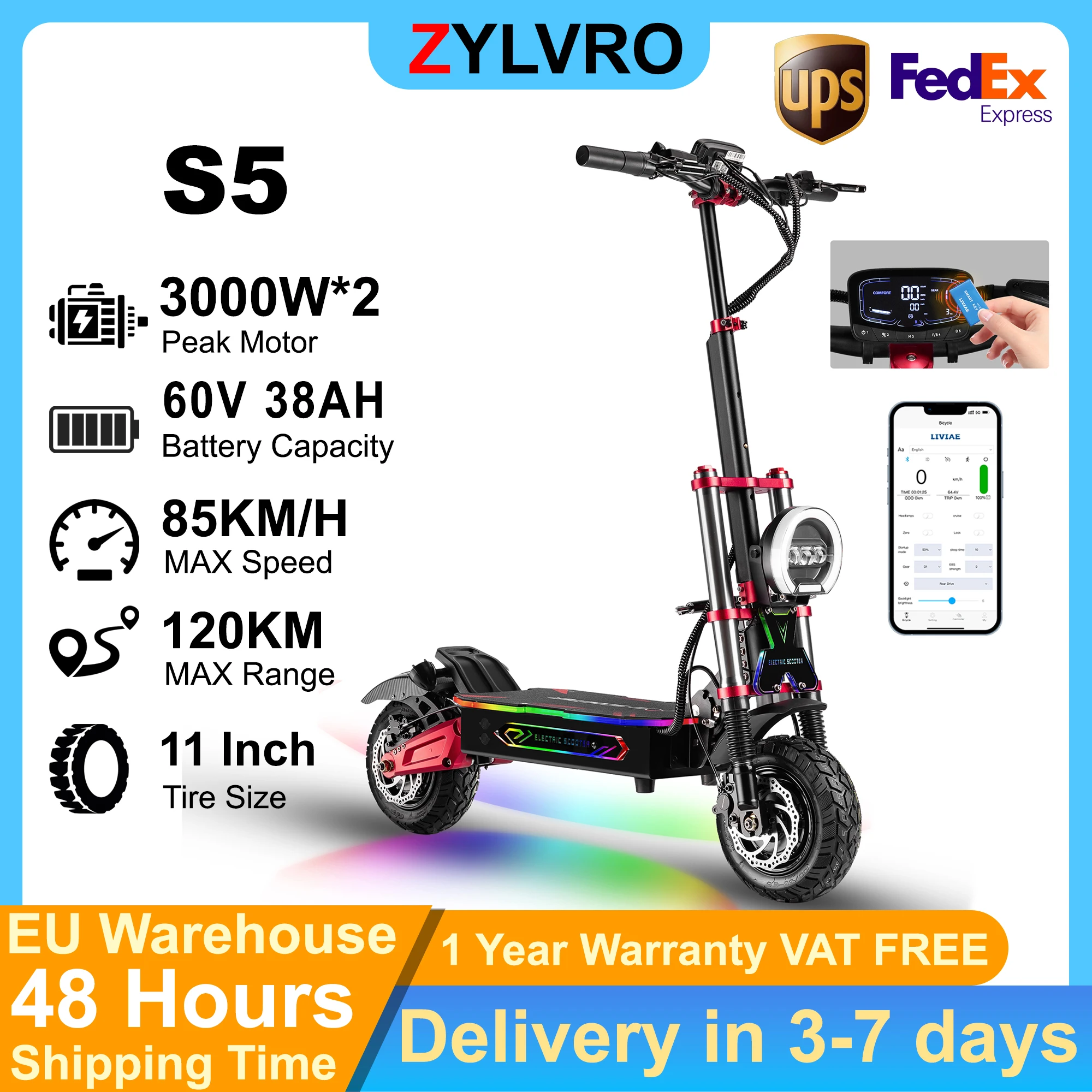 ZYLVRO S5 E-Scooter, 6000W Doppelmotor, 60V 38Ah Akku, 11-Zoll-Fat-Reifen, Vollfederung, hydraulische Bremsen, Höchstgeschwindigkeit 85 km/h, maximale Reichweite 120 km, NFC, App-Steuerung