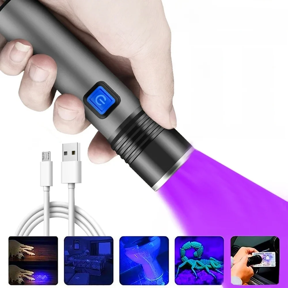 USB wiederaufladbare 365 nm UV-Taschenlampe, Aluminium, tragbare UV-Licht-Taschenlampe, Schwarzlicht, Haustier-Urin-Detektor, schwarze Taschenlampen