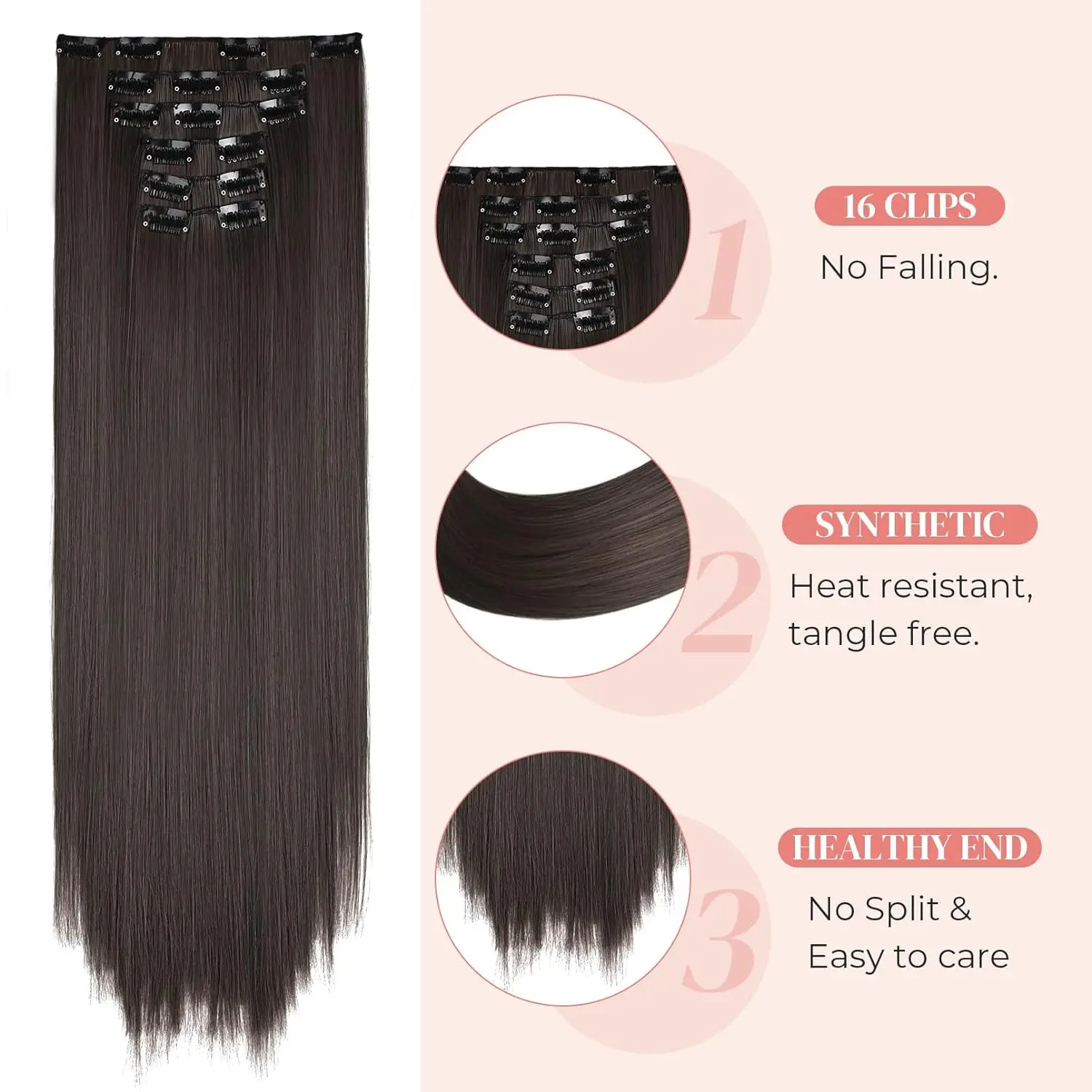 Clipe reto sintético longo na extensão do cabelo para mulheres, pedaço natural de cabelo, cabeça cheia, 16 clipes, 6 peças por conjunto