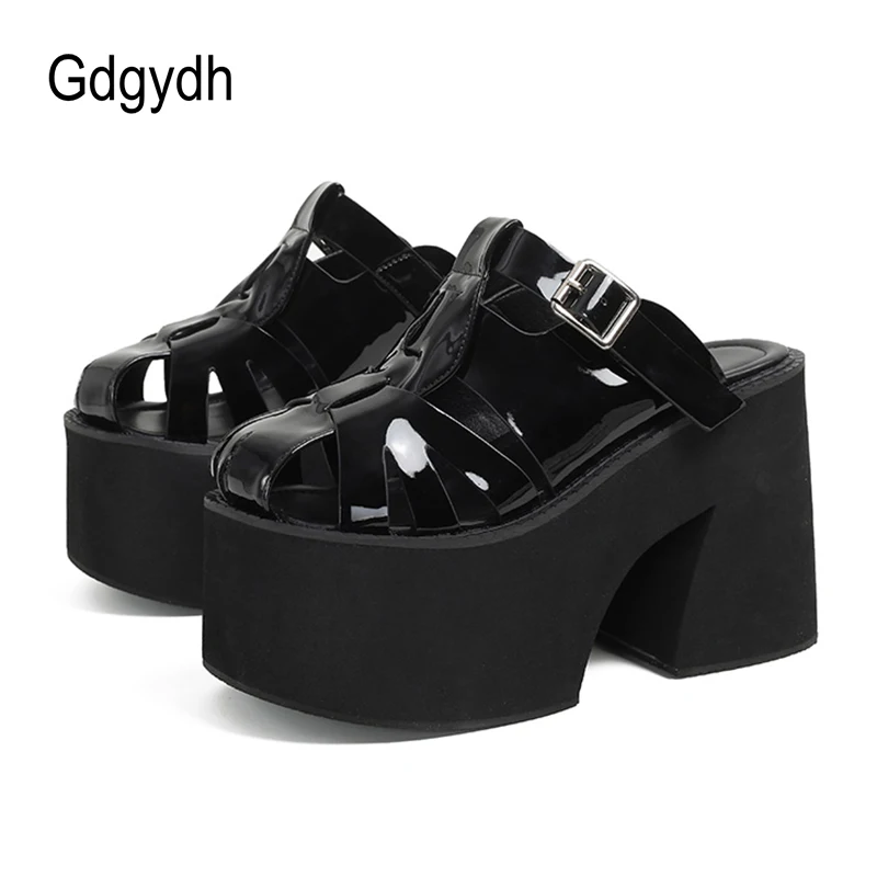 Gdgydh Women Platform Sandals Closed Toe Buckle Decor Solid Color Slip On Chunky Heels Mules Outdoor Non Slip Breathable