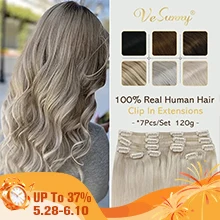 VeSunny klipsli postiş insan saçı çift atkı makinesi yapımı Remy peruk 7 adet klip uzantıları koyu kahverengi sarışın 100gr