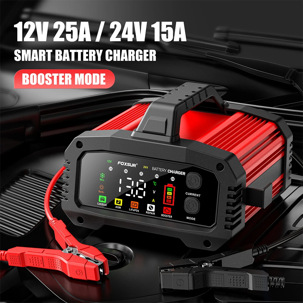 25A/15A Car Motorcycle Battery Charger 12V/24V Smart Charger Lithium AGM GEL Lead-Acid LiFePO4 Battery Chargers