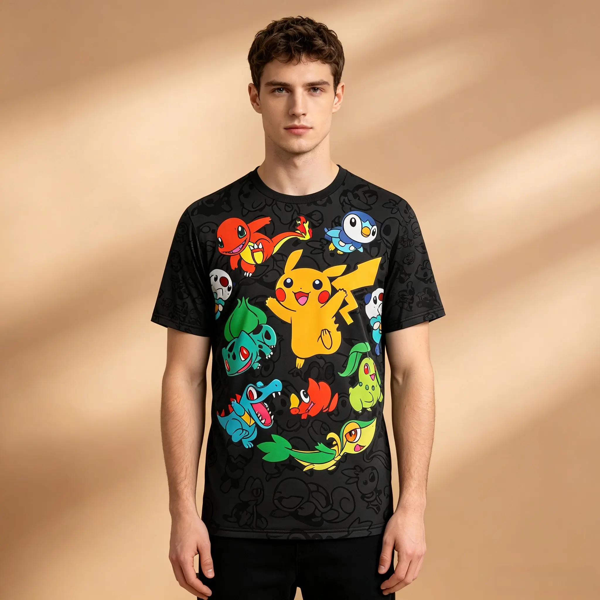 Schwarzes Pokemon All Star Characters T-Shirt mit Allover-Print für Herren, Pikachu Starter Anime Graphic Casual Kurzarm-T-Shirt