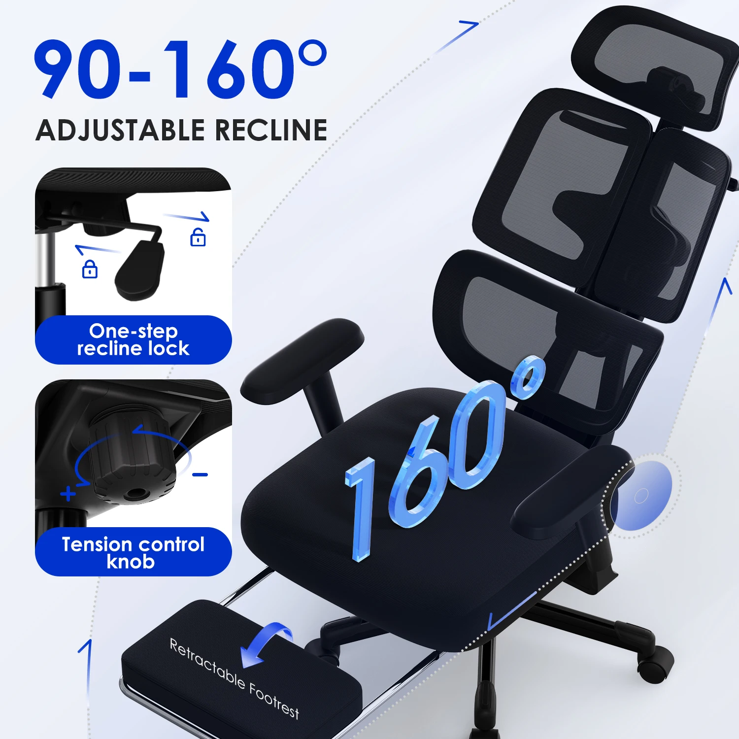 Silla de Oficina Ergonómica Hiazurm, Reposacabezas 3D, Reposabrazos Ajustables 6D, Reposapiés, 90-160 °   Silla de escritorio reclinable, capacidad de 200 kg