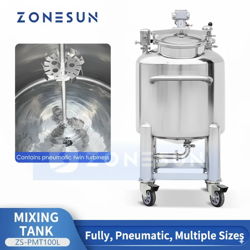 

ZONESUN ZS-PMT100L Смесительный бак из нержавеющей стали Пневматическая мешалка для смешивания жидкостей в косметике и пищевых продуктов